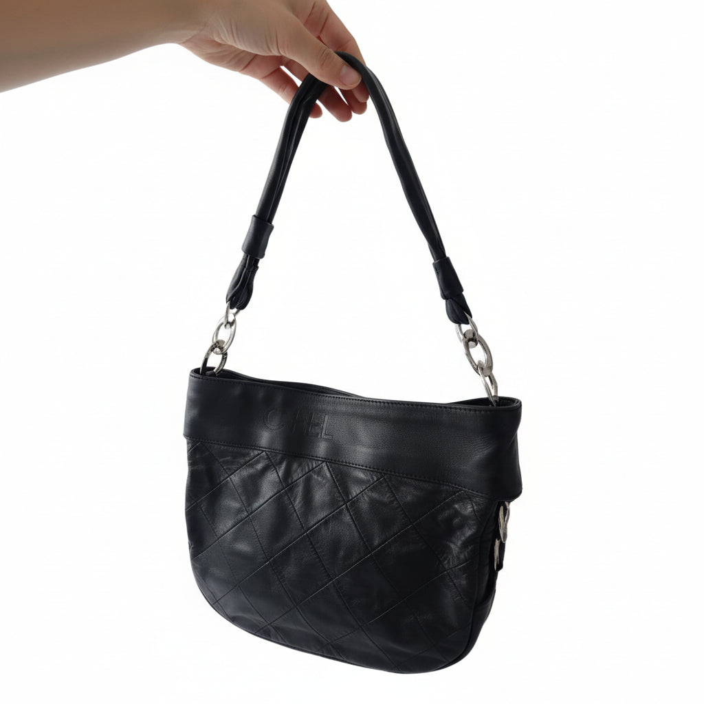 Chanel Black Lambskin Leather Matelassé Quilted Shoulder Tote Bag