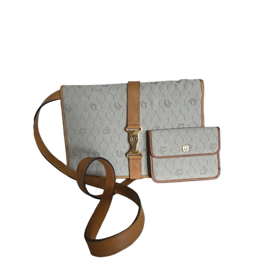 Christian Dior Vintage Beige Canvas Crossbody Bag Brown Leather Trim - VeeLuxeCollectives