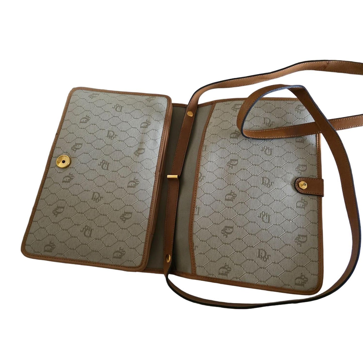 Christian Dior Vintage Beige Canvas Crossbody Bag Brown Leather Trim - VeeLuxeCollectives
