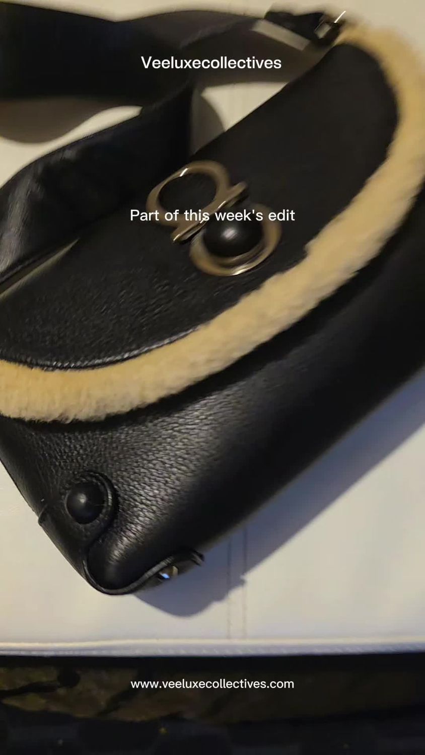Salvatore Ferragamo Gancini Black Leather Bag with Shearling Trim