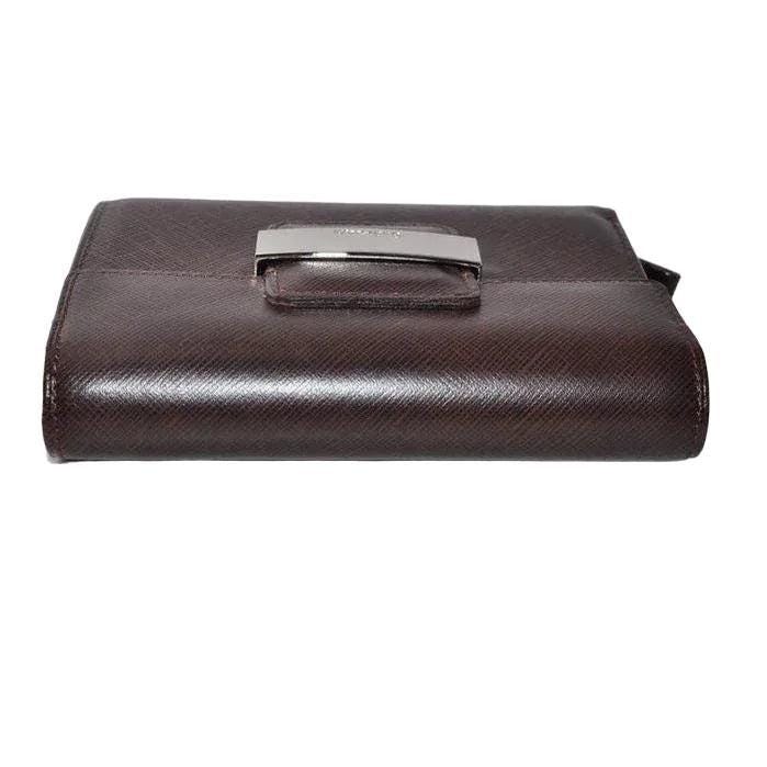 Burberry brown leather bifold wallet with embossed logo and classic design.