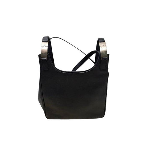 Salvatore Ferragamo black hobo bag hammered leather with metal accents and structured silhouette.
