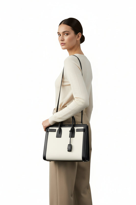 Yves Saint Laurent Sac de Jour Ivory Black Structured Tote