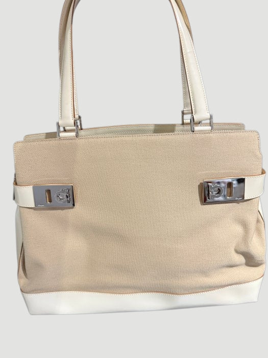 Salvatore Ferragamo Gancini 2 Way Handbag Beige Canvas Leather Shoulder Bag