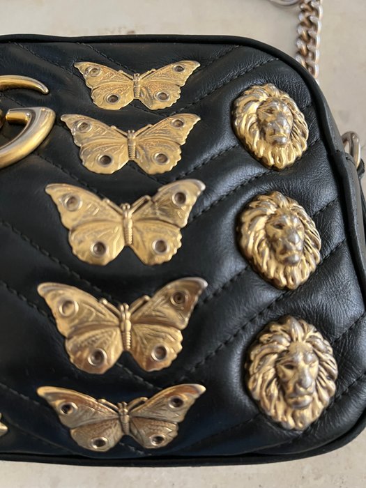 Gucci GG Marmont Animal Studs Black Leather Crossbody Bag