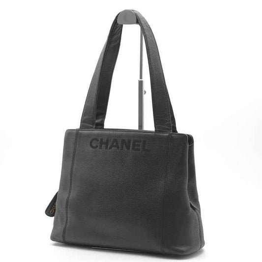 CHANEL Logo Caviar Leather Tote Bag Black