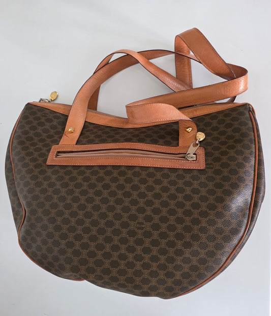 Vintage Celine Macadam Croissant Canvas Tote Bag with Leather Trim