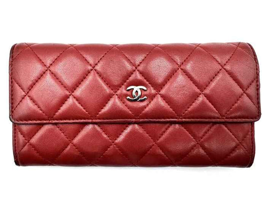 CHANEL Classic Quilted Long Wallet Red Leather 19cm