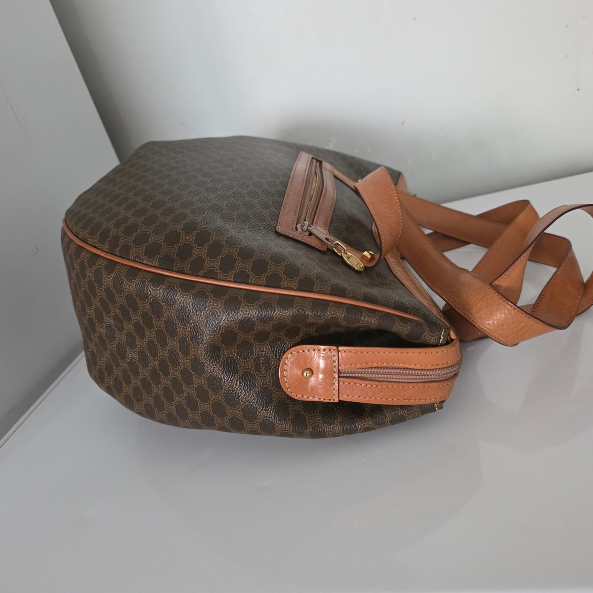 Vintage Celine Macadam Croissant Canvas Tote Bag with Leather Trim