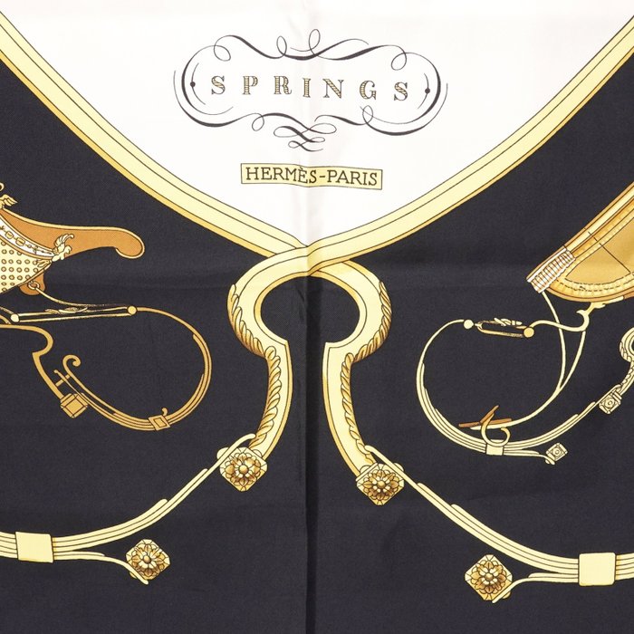 Hermès “Springs” Silk Carré Scarf 90 cm – Classic Equestrian Saddle Design