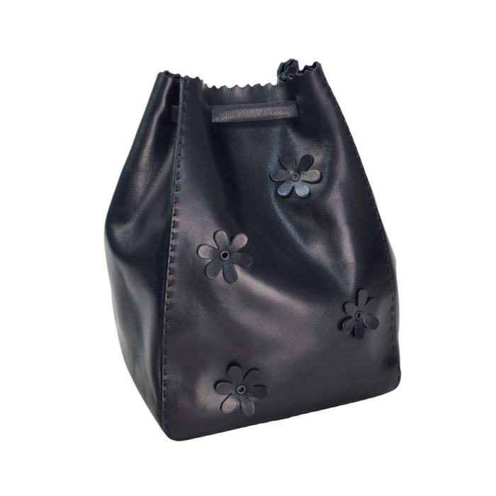Prada Black Leather Floral Appliqué Drawstring Bag