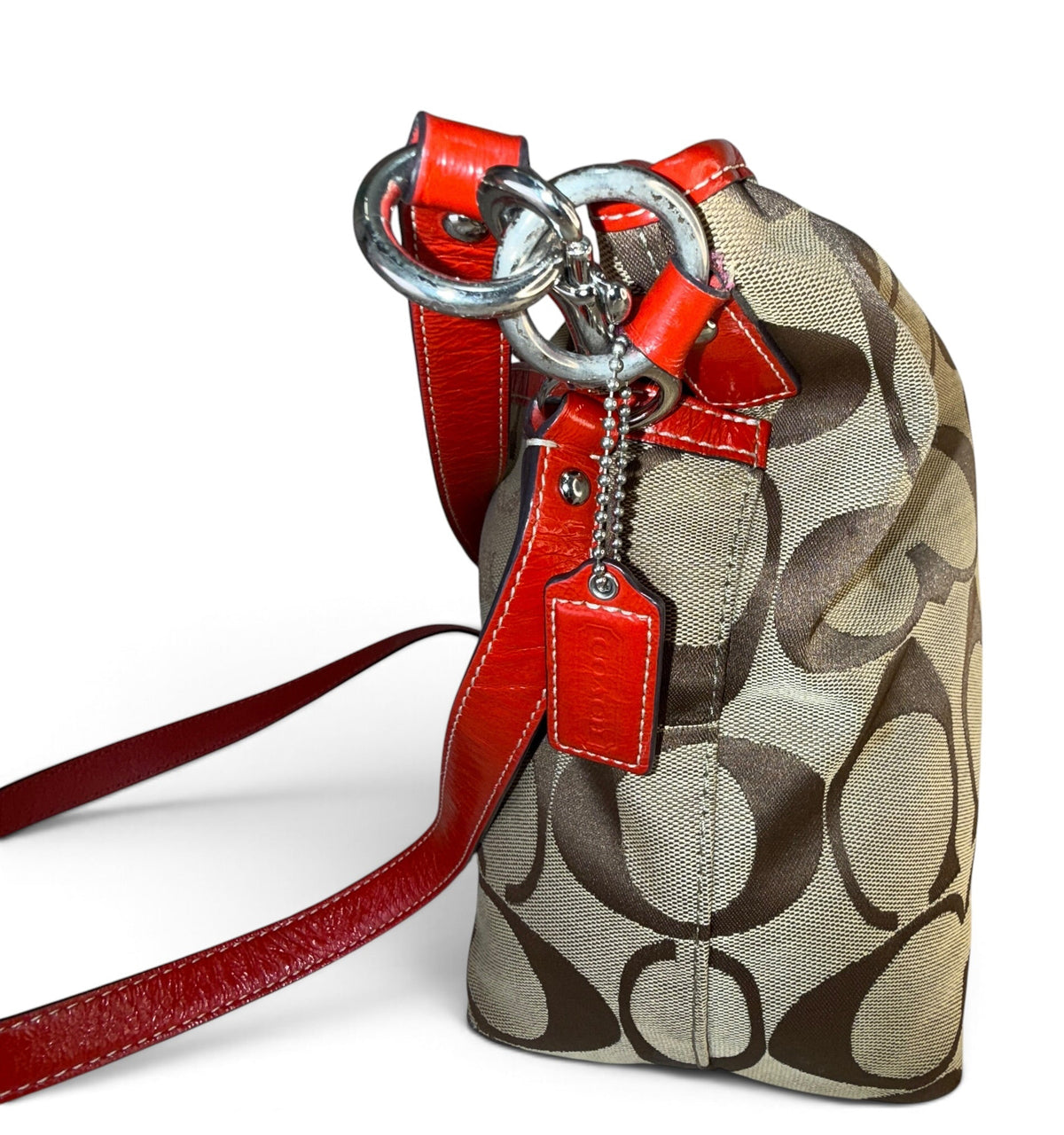Coach Signature Canvas Red Leather 2-Way Monogram Shoulder Bag – Style F14852