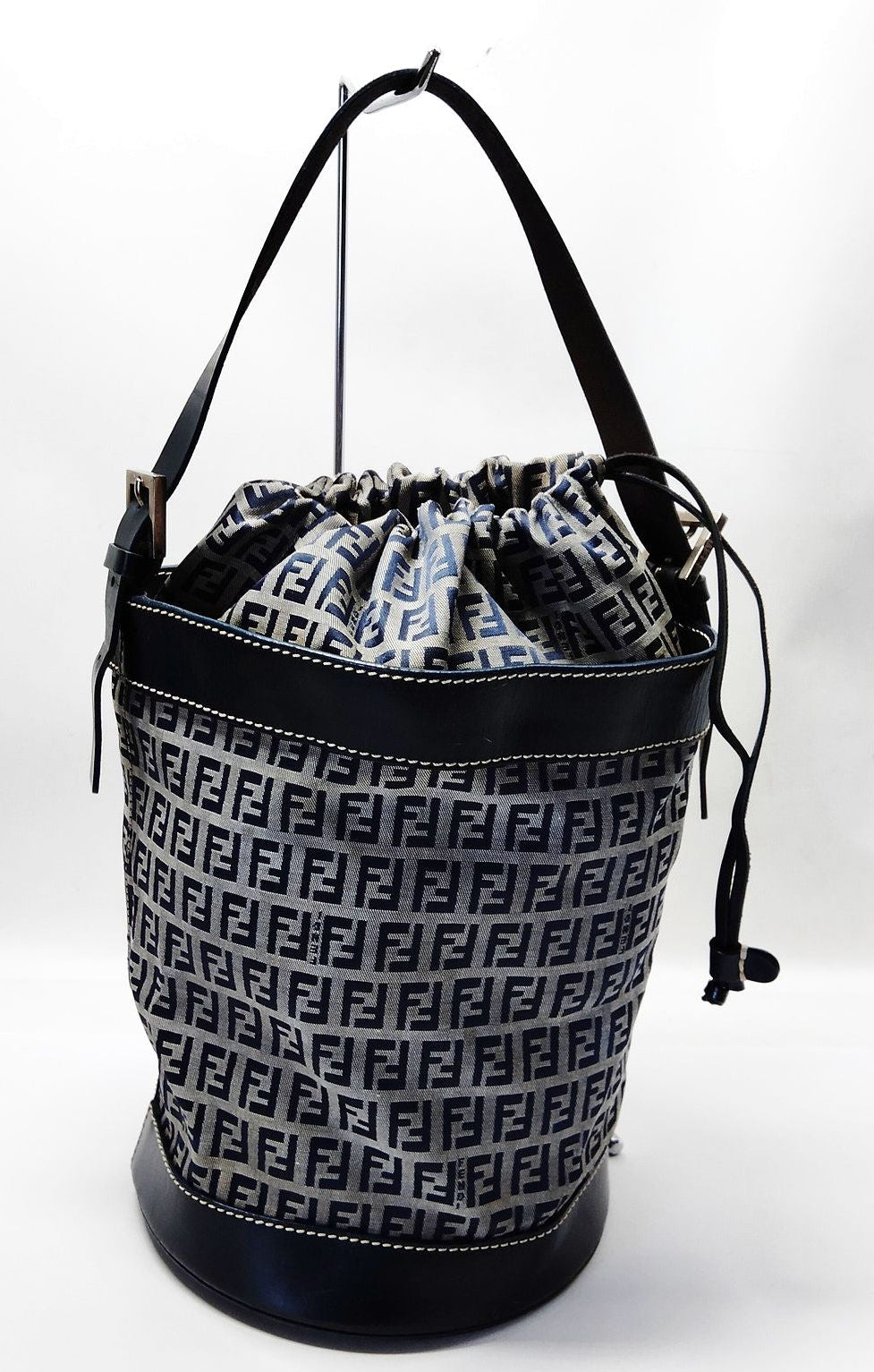Fendi Hand Bag Navy Blue Canvas Drawstring Bucket Bag