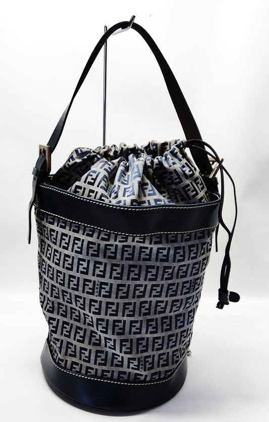 Fendi Hand Bag Navy Blue Canvas Drawstring Bucket Bag