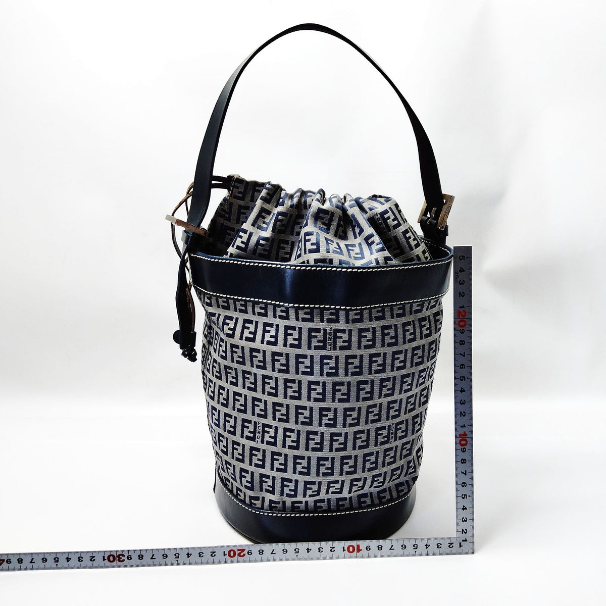 Fendi Hand Bag Navy Blue Canvas Drawstring Bucket Bag