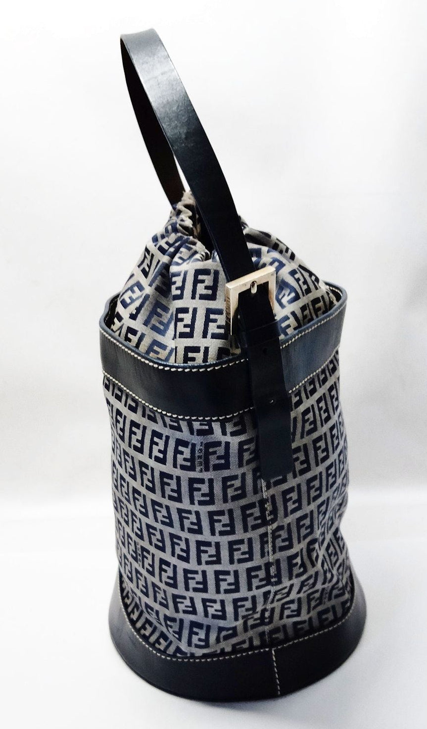 Fendi Hand Bag Navy Blue Canvas Drawstring Bucket Bag