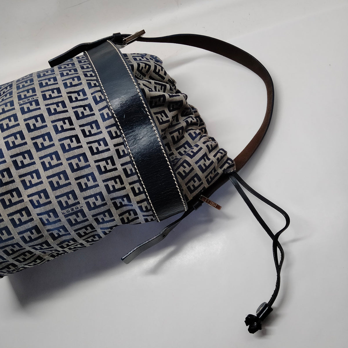 Fendi Hand Bag Navy Blue Canvas Drawstring Bucket Bag