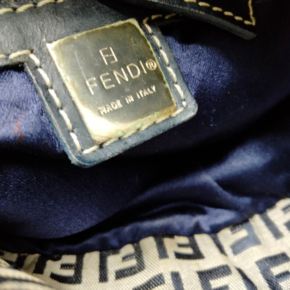 Fendi Hand Bag Navy Blue Canvas Drawstring Bucket Bag