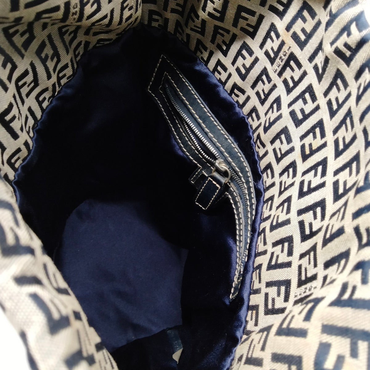 Fendi Hand Bag Navy Blue Canvas Drawstring Bucket Bag