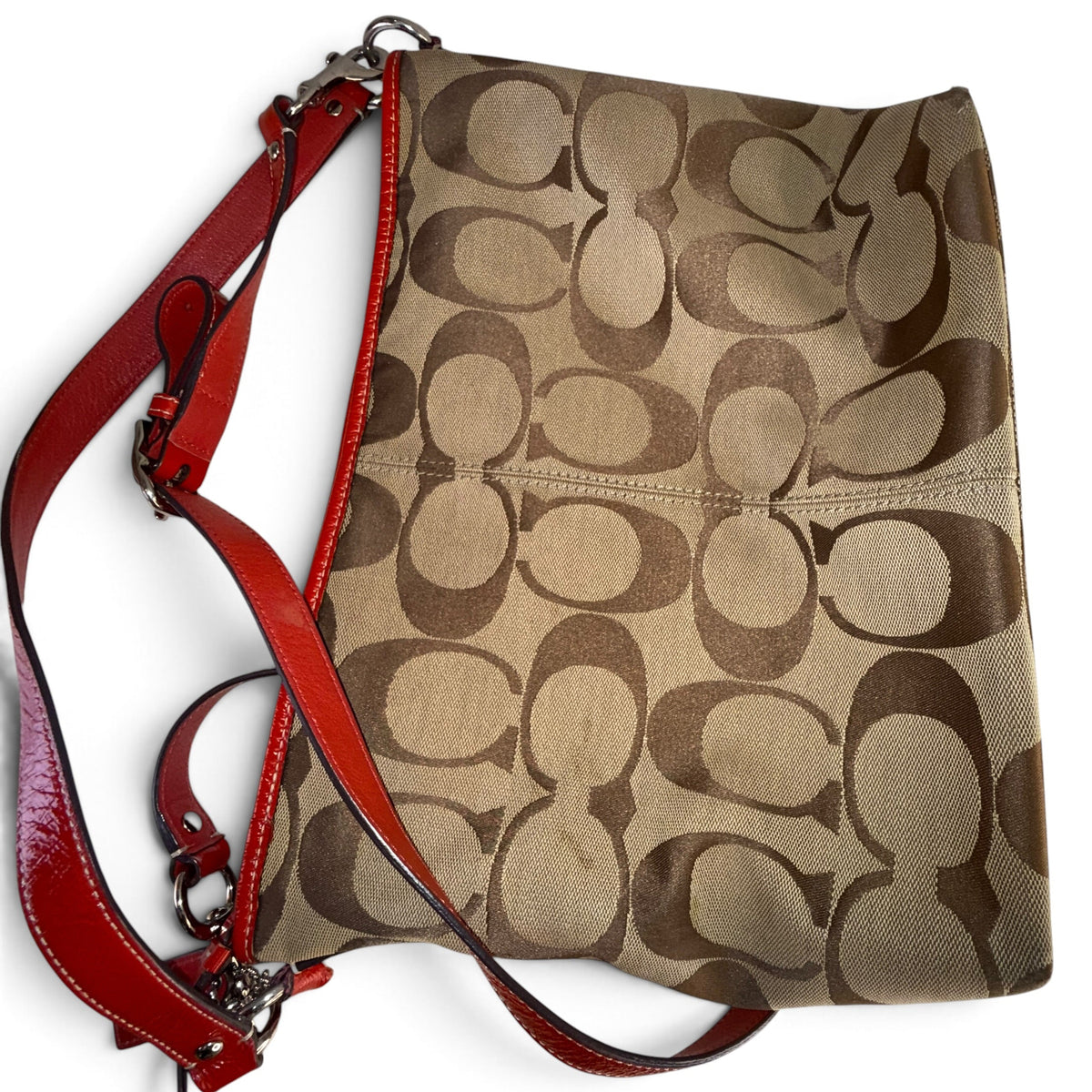 Coach Signature Canvas Red Leather 2-Way Monogram Shoulder Bag – Style F14852