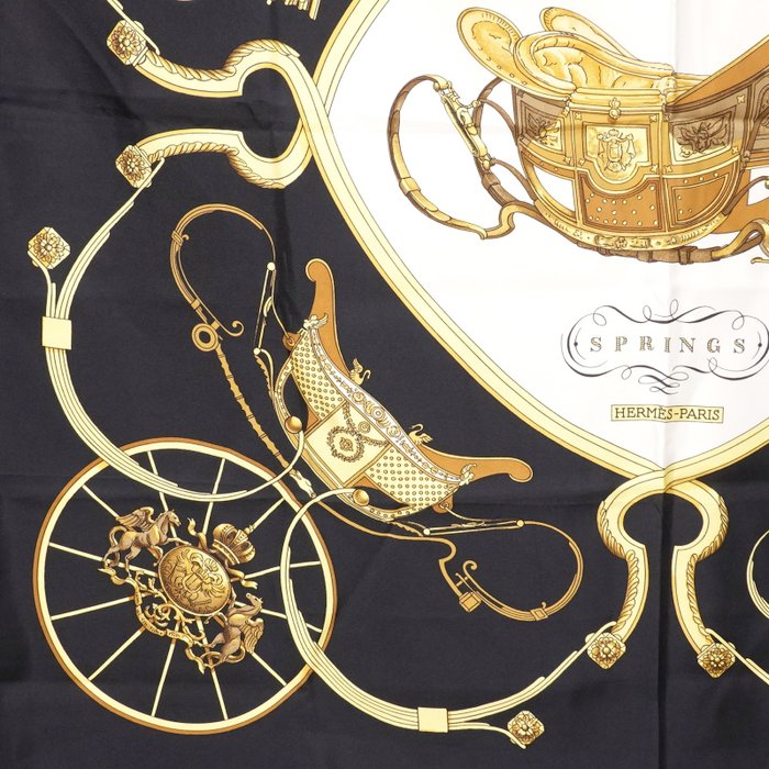 Hermès “Springs” Silk Carré Scarf 90 cm – Classic Equestrian Saddle Design