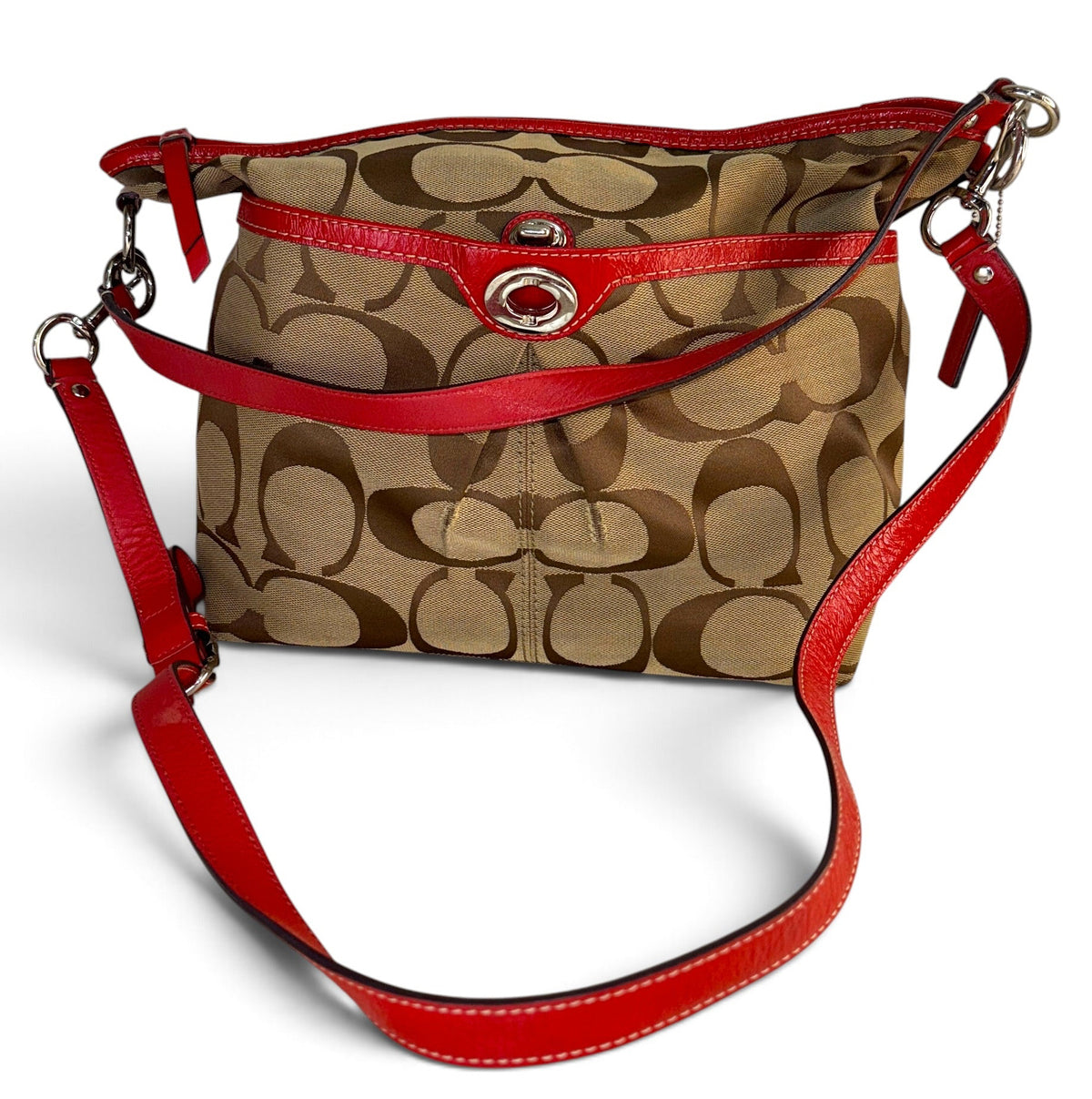 Coach Signature Canvas Red Leather 2-Way Monogram Shoulder Bag – Style F14852