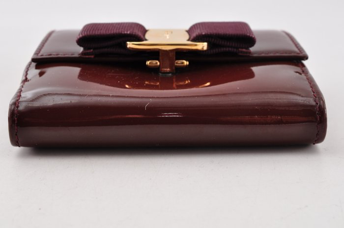 Salvatore Ferragamo Burgundy Patent Leather Bars Bow Long Wallet