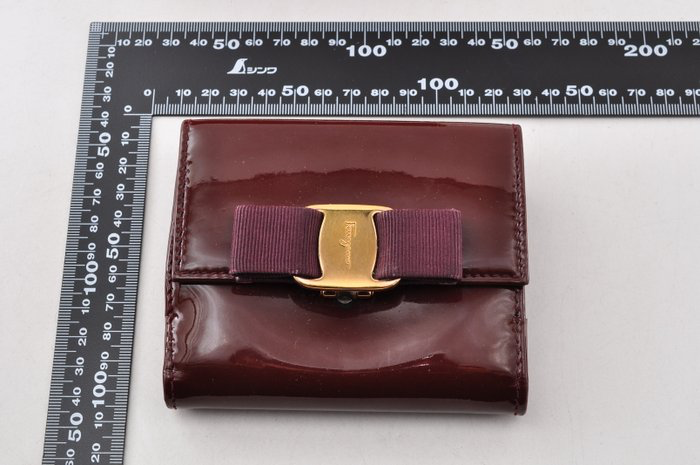 Salvatore Ferragamo Burgundy Patent Leather Bars Bow Long Wallet
