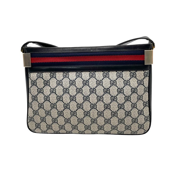 Gucci GG Supreme Web Shoulder Bag – Grey, Navy Leather & Signature Web Stripe