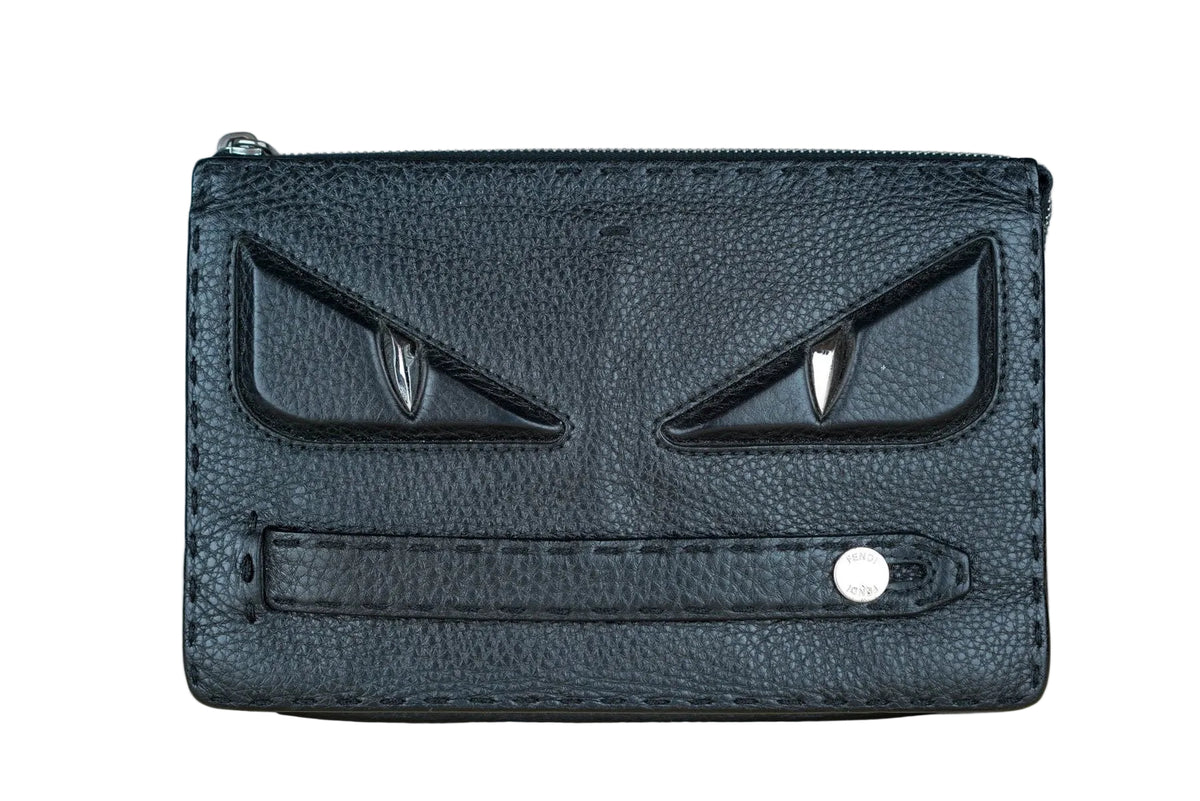 FENDI Selleria Monster Bugs Eye Clutch Leather Black Grained Leather Wallet