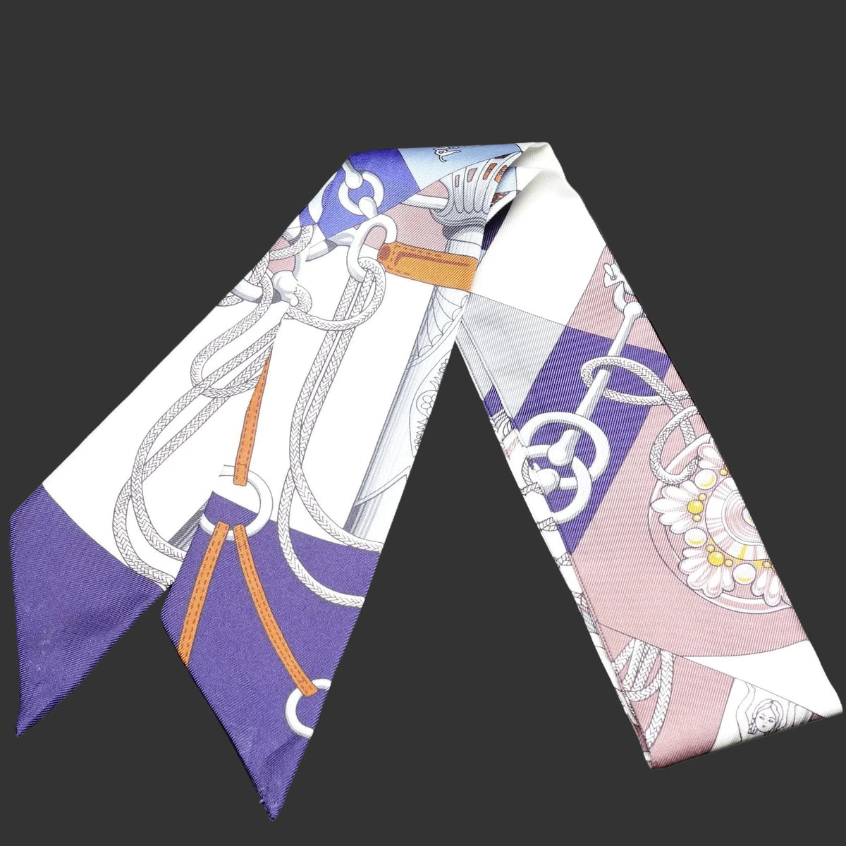 Hermès Twilly “Cliquetis” Navy Blue and Multicolour Silk Scarf