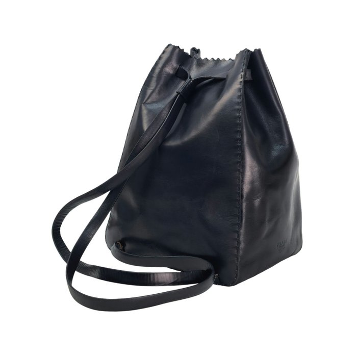 Prada Black Leather Floral Appliqué Drawstring Bag