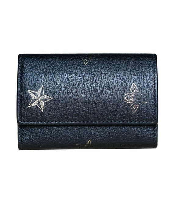 Gucci Black Leather Key Case with Star and Bee Motifs