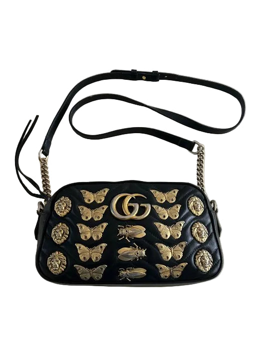 Gucci GG Marmont Animal Studs Black Leather Crossbody Bag