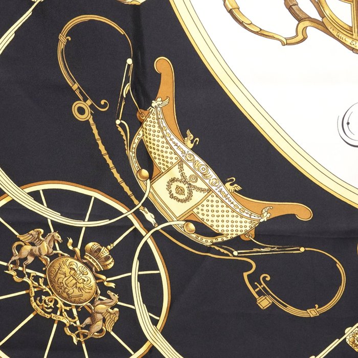 Hermès “Springs” Silk Carré Scarf 90 cm – Classic Equestrian Saddle Design