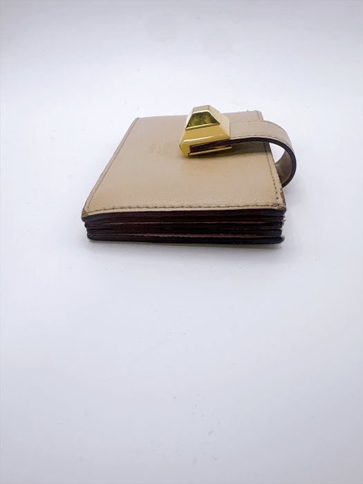 FENDI Beige Leather Card Case – Gold-Tone Geometric Hardware
