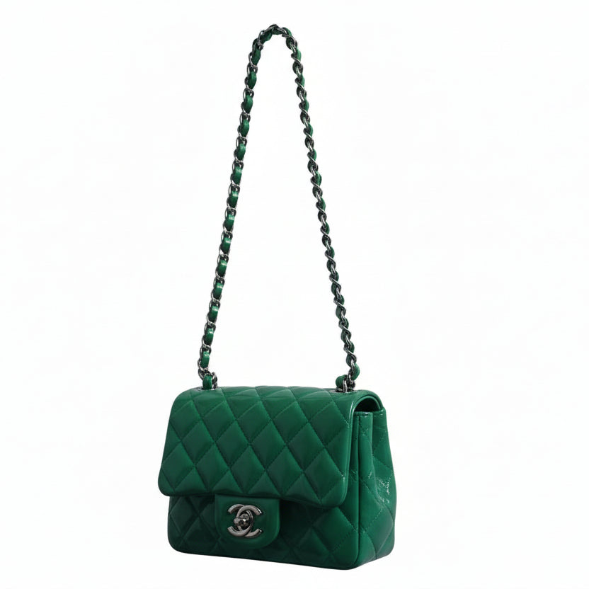 Chanel Mini Matelassé 17 Single Flap Green Patent Leather Bag