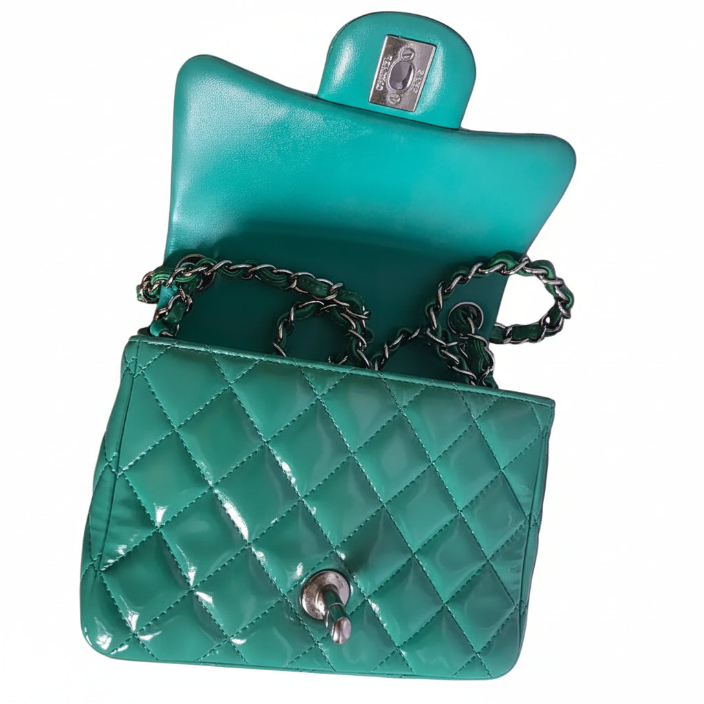 Chanel Mini Matelassé 17 Single Flap Green Patent Leather Bag