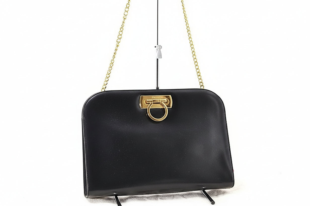 Salvatore Ferragamo Black Leather Crossbody Bag Gold HW