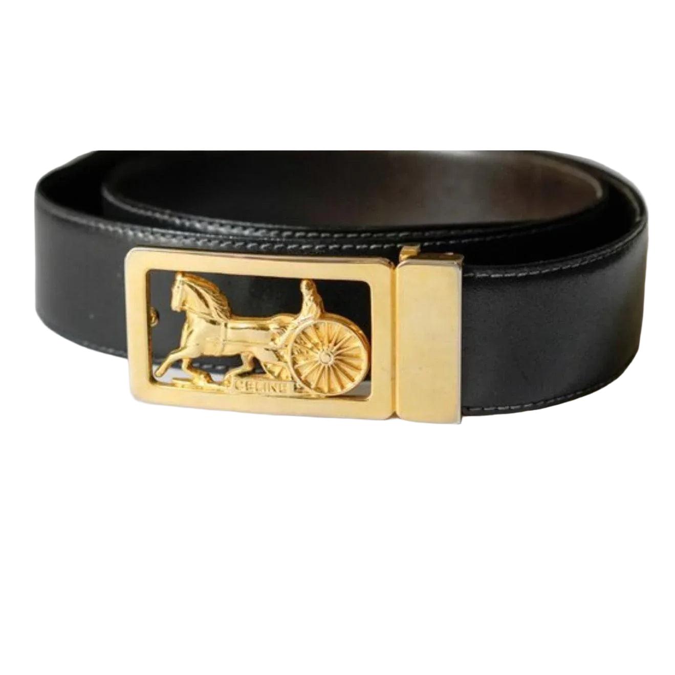Celine Triomphe Black Leather Belt with Gold Buckle Preloved - VeeLuxeCollectives