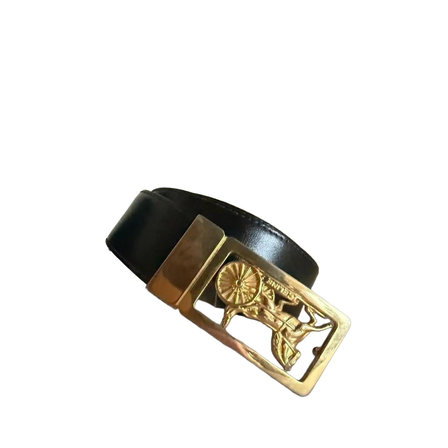 Celine Triomphe Black Leather Belt with Gold Buckle Preloved - VeeLuxeCollectives