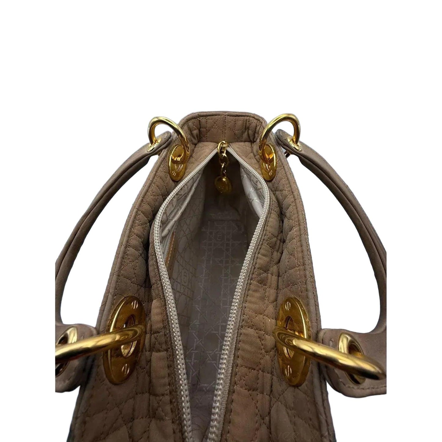 Christian Dior Lady Dior Medium Beige Nylon Cannage Handbag Gold Hardware - VeeLuxeCollectives