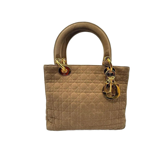 Christian Dior Lady Dior Medium Beige Nylon Cannage Handbag Gold Hardware - VeeLuxeCollectives