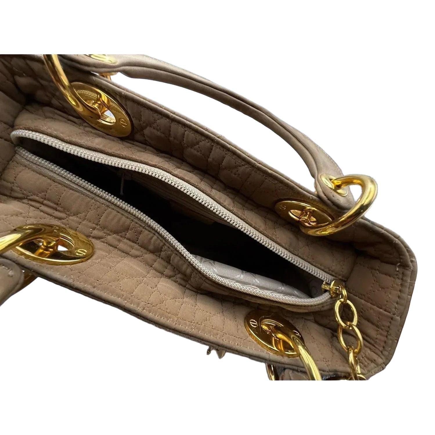 Christian Dior Lady Dior Medium Beige Nylon Cannage Handbag Gold Hardware - VeeLuxeCollectives