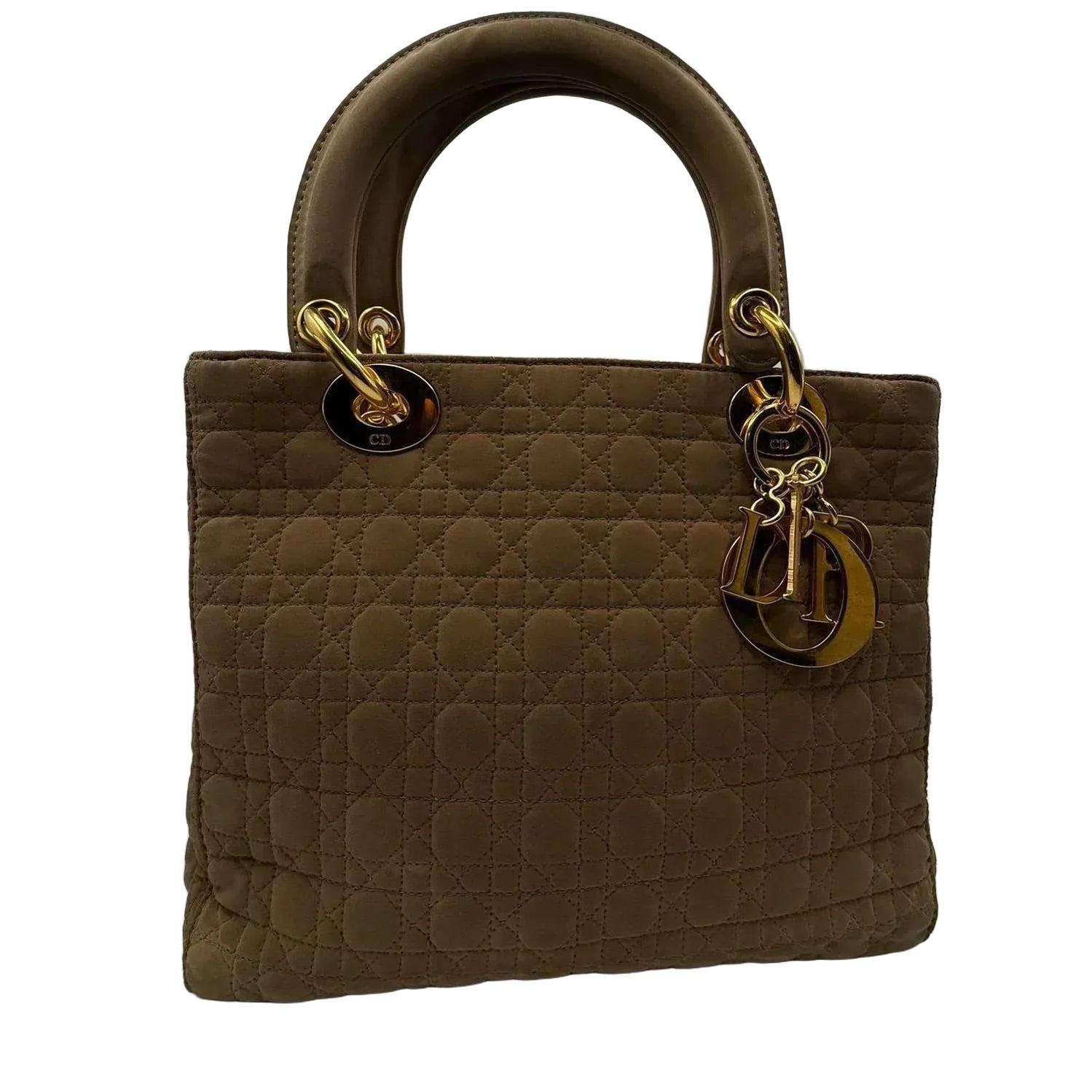 Christian Dior Lady Dior Medium Beige Nylon Cannage Handbag Gold Hardware - VeeLuxeCollectives