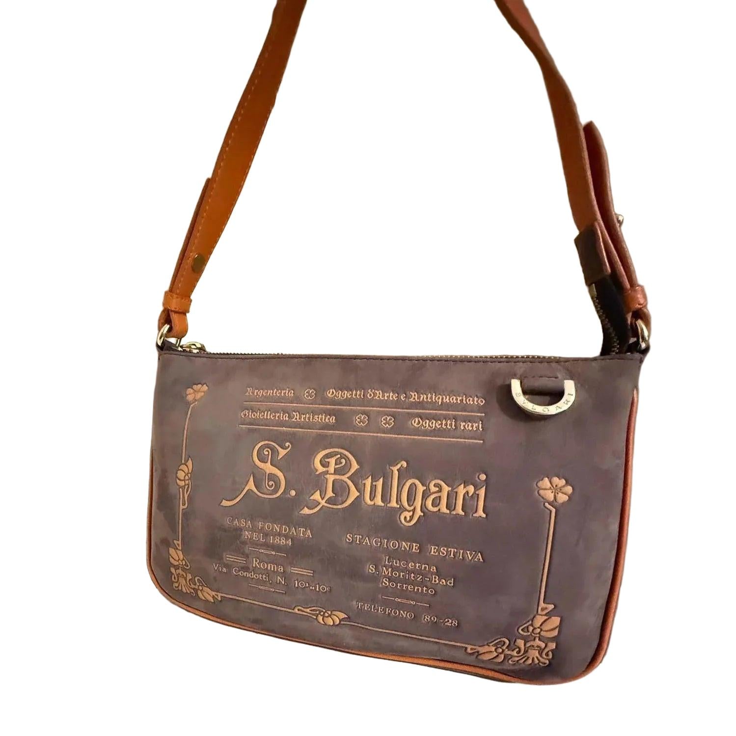 Bvlgari Purple Slogan-debossed Leather Shoulder Bag with Gold Hardware - VeeLuxeCollectives
