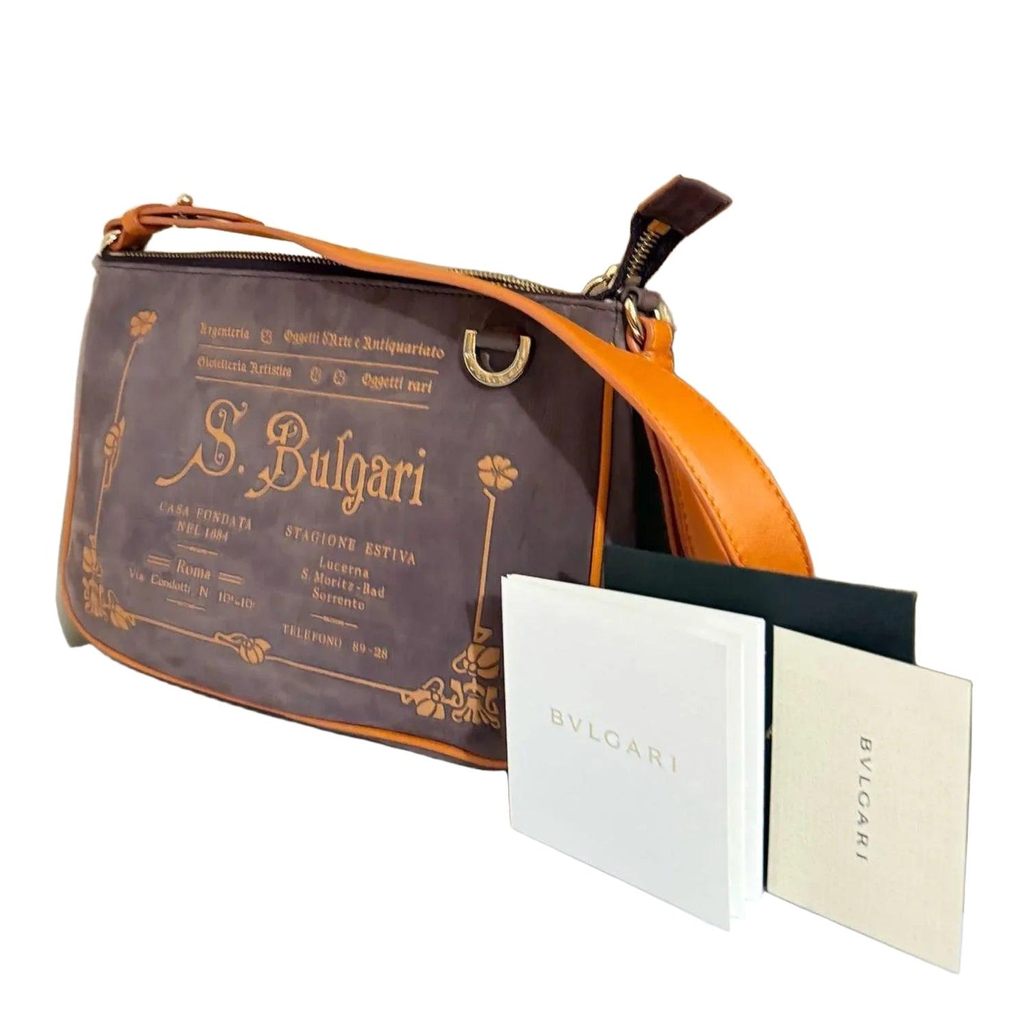 Bvlgari Purple Slogan-debossed Leather Shoulder Bag with Gold Hardware - VeeLuxeCollectives