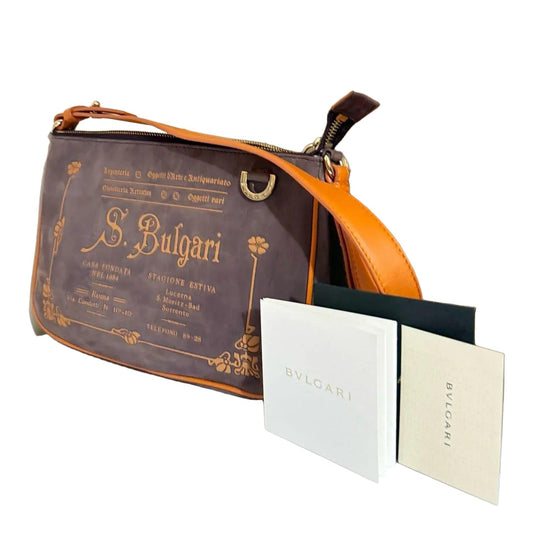 Bvlgari Purple Slogan-debossed Leather Shoulder Bag with Gold Hardware - VeeLuxeCollectives