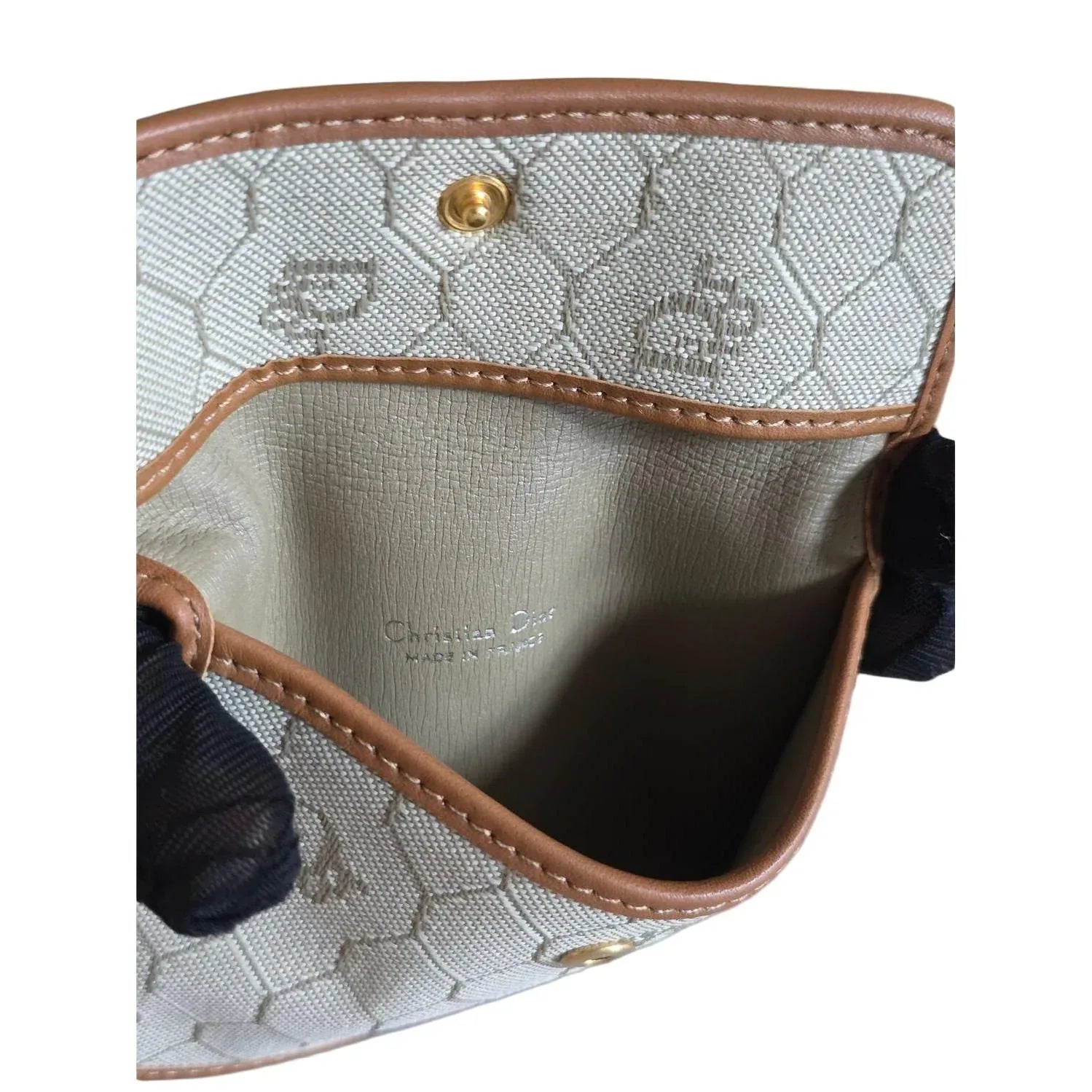Christian Dior Vintage Beige Canvas Crossbody Bag Brown Leather Trim - VeeLuxeCollectives