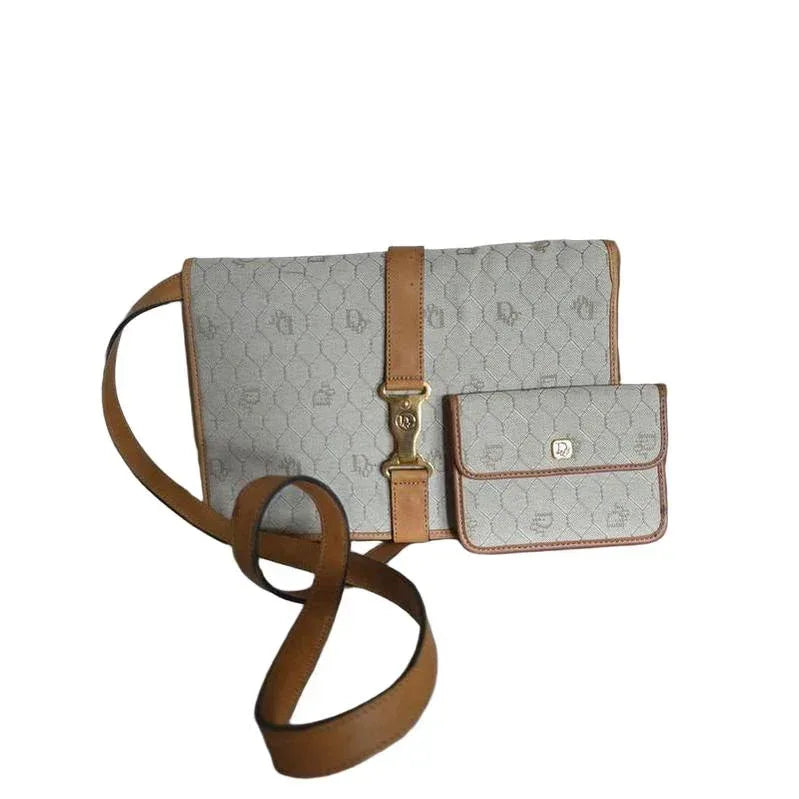 Christian Dior Vintage Beige Canvas Crossbody Bag Brown Leather Trim - VeeLuxeCollectives